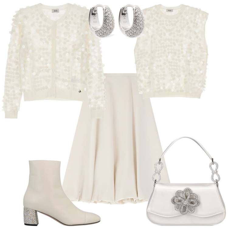 Outfit donna - Serata evento glamour. Stile Romantica per Serata fuori. Abbinamento con stivaletti, gonne longuette, cardigans, top, borse a mano, orecchini.