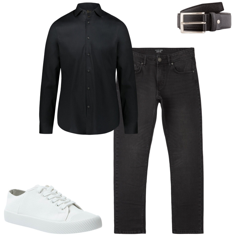 Outfit uomo - Black. Stile Casual per Tutti i giorni. Abbinamento con sneakers, jeans dritti, camicie, cinture.
