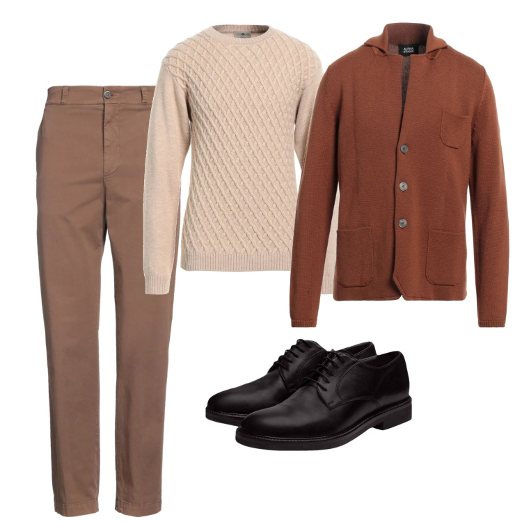 Outfit uomo - City. Stile Casual per Tutti i giorni. Abbinamento con pullovers, pantaloni chino, cardigans, scarpe stringate.