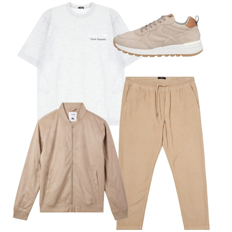 Outfit uomo - City. Stile Casual per Tutti i giorni. Abbinamento con sneakers, bomber, pantaloni, t-shirt.