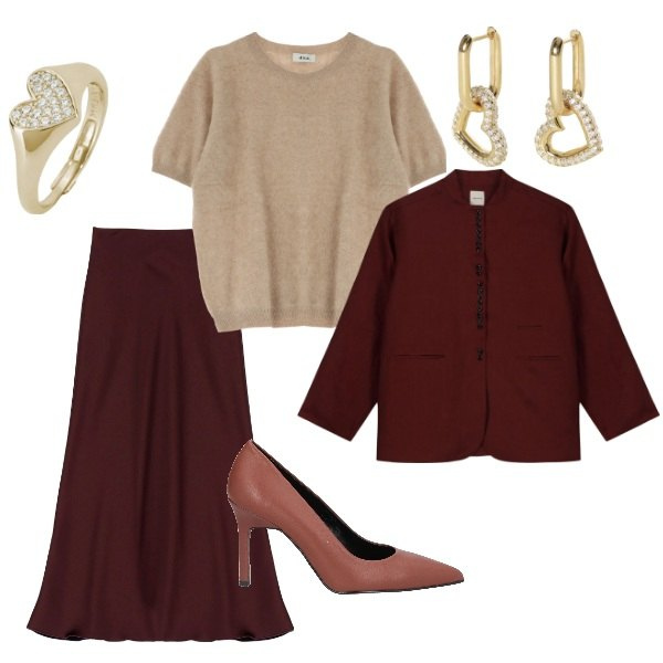 Outfit donna - Serata fuori. Stile Trendy per Serata fuori. Abbinamento con décolleté, orecchini, anelli, pullovers, gonne lunghe, blazer.