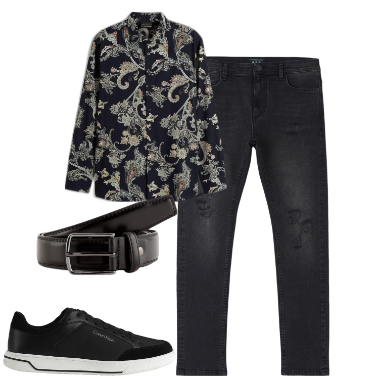 Outfit uomo - City. Stile Casual per Serata speciale. Abbinamento con camicie, sneakers, jeans strappati, cinture.