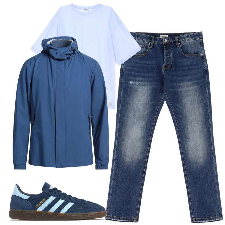 Outfit uomo - City. Stile Casual per Tutti i giorni. Abbinamento con giacche, t-shirt, jeans dritti, sneakers.