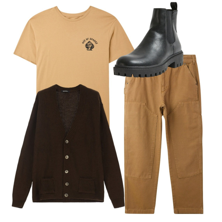 Outfit uomo - City. Stile Casual per Tutti i giorni. Abbinamento con stivali e stivaletti, pantaloni, t-shirt, cardigans.