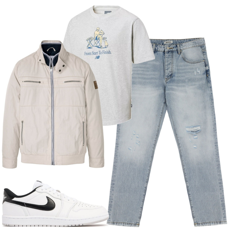 Outfit uomo - Total look #2088491. Stile Casual per Tutti i giorni. Abbinamento con giacche, t-shirt, jeans strappati, sneakers.