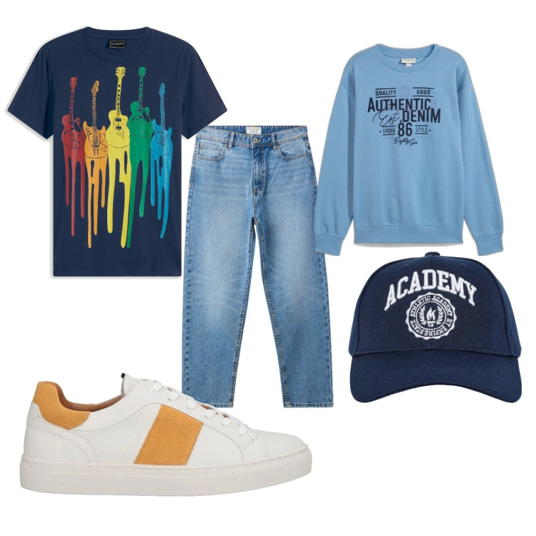 Outfit uomo - Total look #2088493. Stile Casual per Tutti i giorni. Abbinamento con sneakers, t-shirt, felpe, cappelli con visiera, jeans.