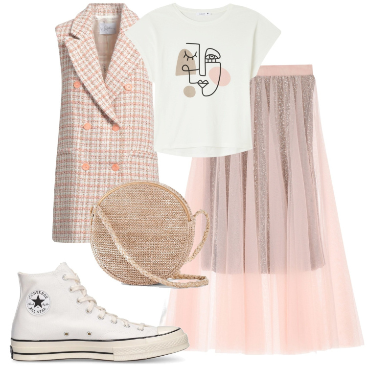 Outfit donna - Converse e tulle. Stile Trendy per Tutti i giorni. Abbinamento con borse a tracolla, blazer, t-shirt, gonne lunghe, sneakers.