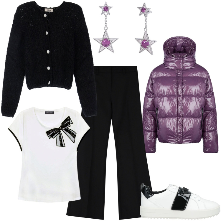 Outfit donna - Una giornata con i fiocchi. Stile Casual per Tutti i giorni. Abbinamento con sneakers, orecchini, pantaloni, cardigans, blazer, t-shirt.