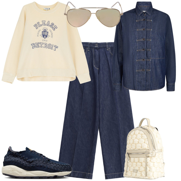 Outfit donna - Total look #2088512. Stile Sporty chic per Tutti i giorni. Abbinamento con zaini, jeans, felpe, camicie, sneakers, occhiali da sole.