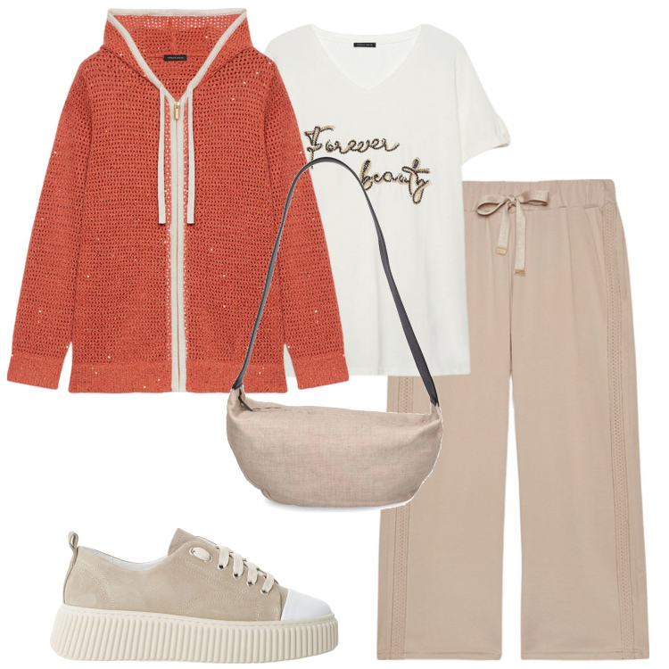 Outfit donna - Il caffè con le amiche. Stile Casual per Tutti i giorni. Abbinamento con sneakers, cardigans, pantaloni, t-shirt, borse a spalla.