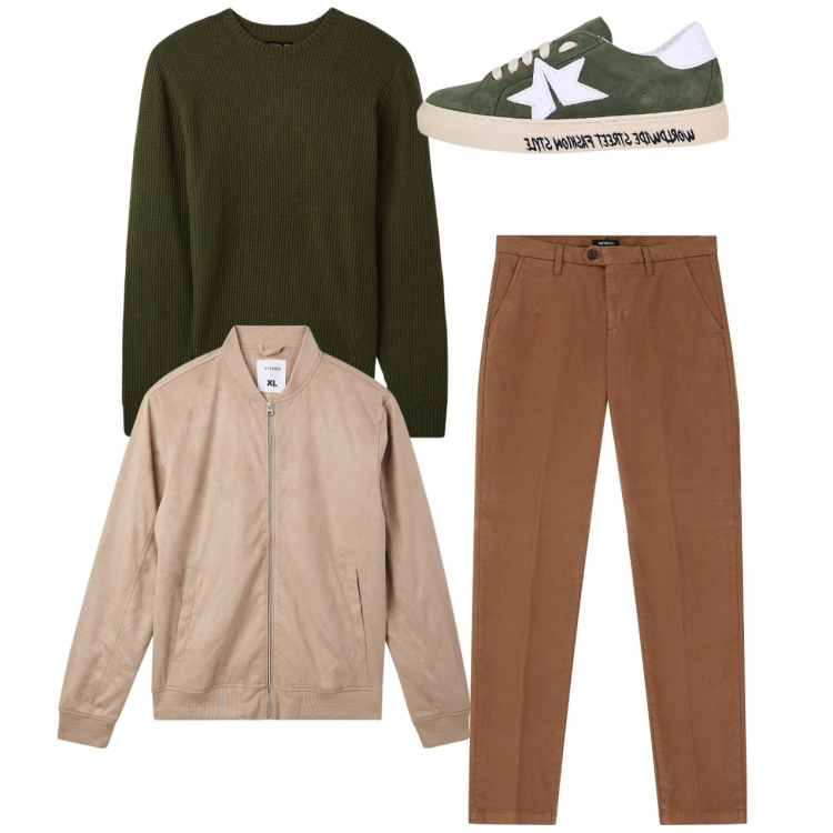 Outfit uomo - City. Stile Casual per Tutti i giorni. Abbinamento con bomber, maglieria, sneakers, pantaloni chino.