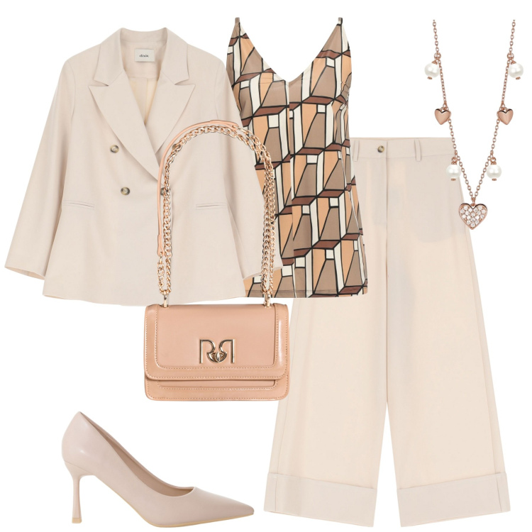 Outfit donna - City. Stile Urban per Tutti i giorni. Abbinamento con top, décolleté, collane, borse a tracolla, blazer, pantaloni a palazzo.