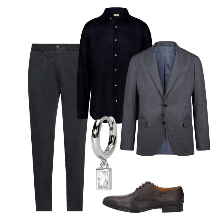 Outfit uomo - Serata. Stile Casual per Serata speciale. Abbinamento con scarpe stringate, pantaloni chino, orecchini, abiti, camicie.