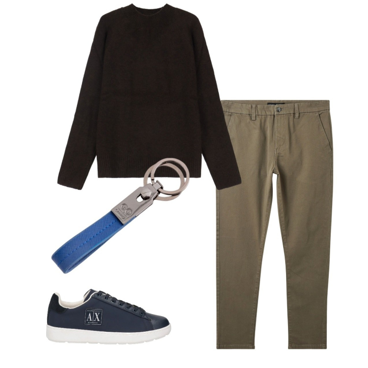 Outfit uomo - City. Stile Casual per Tutti i giorni. Abbinamento con sneakers, pullovers, pantaloni chino, portachiavi.
