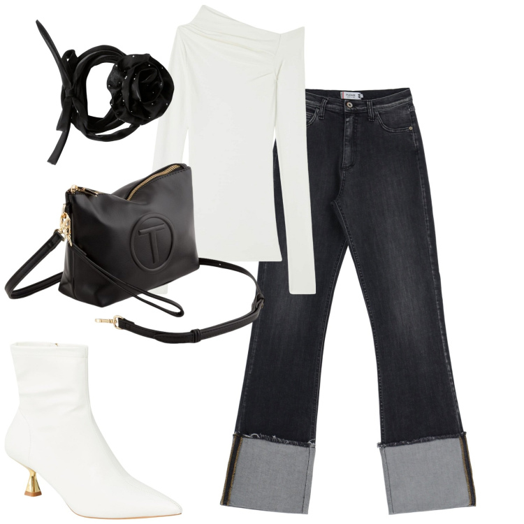 Outfit donna - Total look #2088533. Stile Trendy per Tutti i giorni. Abbinamento con stivaletti, collane, t-shirt, jeans dritti, valigie.