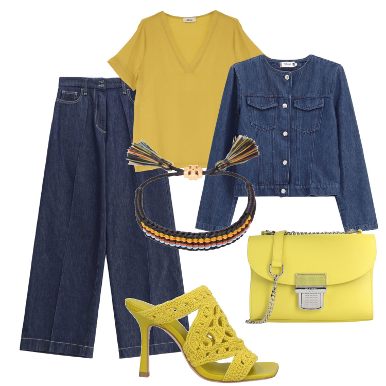 Outfit donna - Aperitivo primaverile. Stile Trendy per Tutti i giorni. Abbinamento con sandali in pelle, borse a tracolla, braccialetti, jeans, blazer, t-shirt.