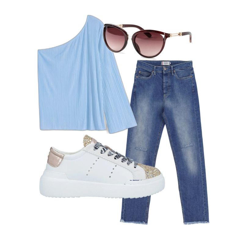 Outfit donna - Jeans. Stile Basic per Tutti i giorni. Abbinamento con occhiali da sole, bluse, sneakers, jeans dritti.