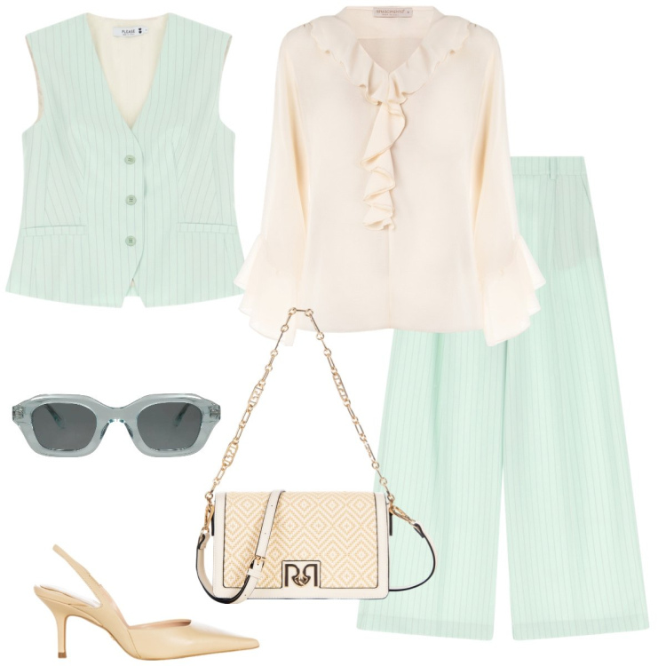 Outfit donna - Total look #2088558. Stile Chic per Cerimonia. Abbinamento con occhiali da sole, bluse, borse a spalla, décolleté, gilet, pantaloni a palazzo.