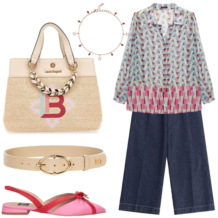 Outfit donna - Colourful. Stile Glamour per Tutti i giorni. Abbinamento con ballerine, braccialetti con ciondoli, cinture, jeans, camicie, borse a mano.
