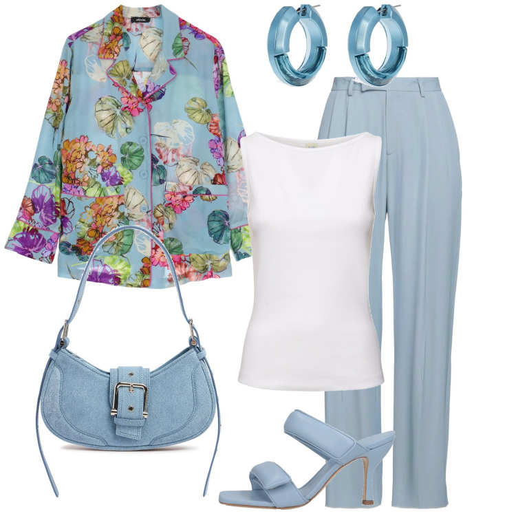 Outfit donna - Azzurro cielo. Stile Chic per Serata fuori. Abbinamento con pantaloni, sandali in pelle, camicie, canottiere, borse a spalla, orecchini.