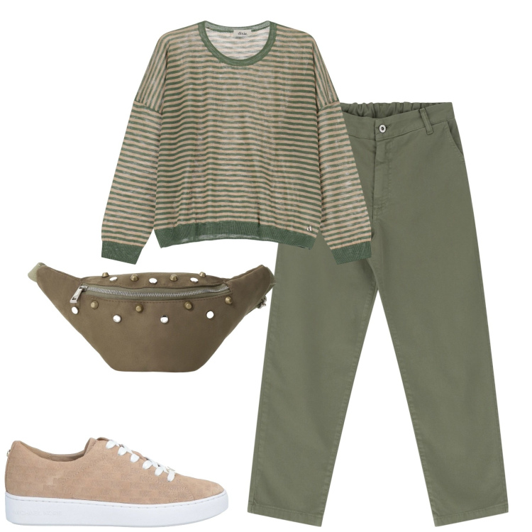 Outfit donna - Comoda tutto il giorno. Stile Casual per Tutti i giorni. Abbinamento con sneakers, pantaloni, marsupi, maglieria.