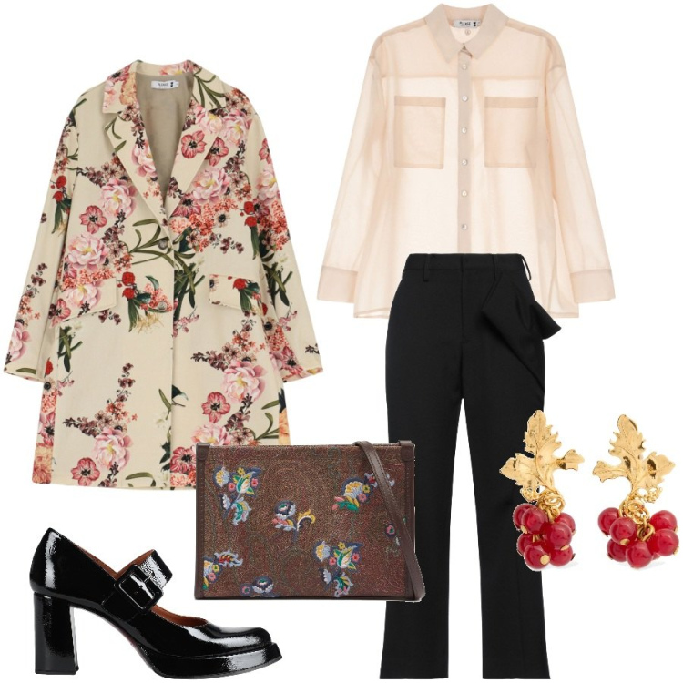 Outfit donna - Benvenuta primavera. Stile Chic per Serata fuori. Abbinamento con décolleté, pantaloni, camicie, trench, borse a spalla, orecchini.