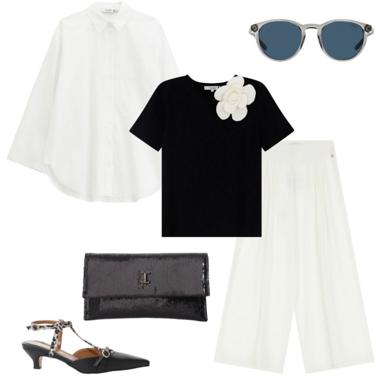 Outfit donna - Please new collection. Stile Casual chic per Serata fuori. Abbinamento con pantaloni a palazzo, t-shirt, camicie, décolleté, borse a tracolla, occhiali da sole.