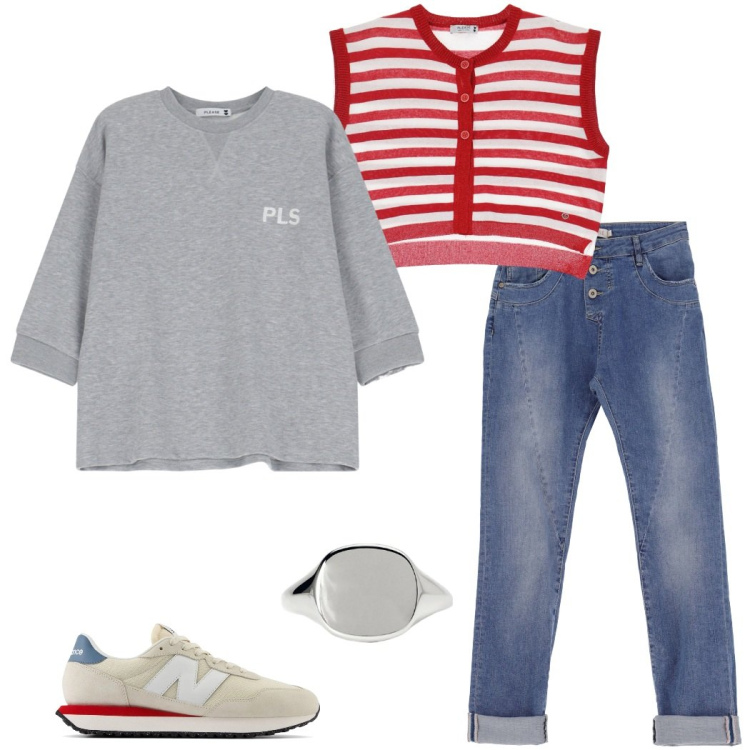Outfit donna - Please. Stile Casual per Tutti i giorni. Abbinamento con anelli, sneakers, jeans slim fit, felpe, gilet.