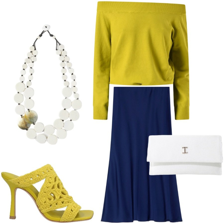 Outfit donna - Cena all\' aperto. Stile Chic per Serata fuori. Abbinamento con sandali in pelle, maglieria, gonne longuette, borse a tracolla, ciondoli.