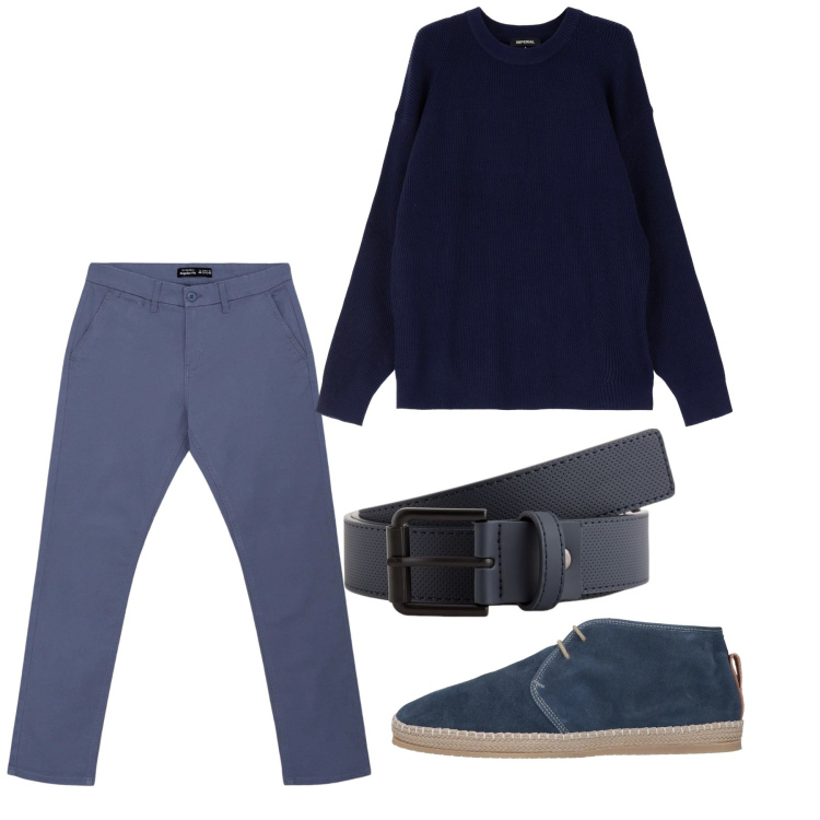 Outfit uomo - Blue day. Stile Casual per Tutti i giorni. Abbinamento con stivali e stivaletti, pullovers, pantaloni chino, cinture.