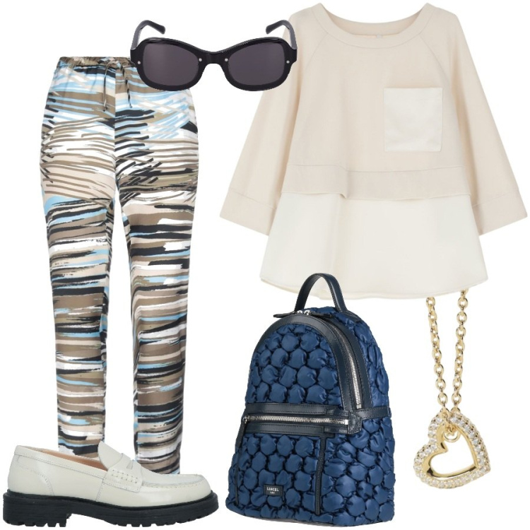 Outfit donna - Urban style. Stile Urban per Tutti i giorni. Abbinamento con mocassini, pantaloni, zaini, collane, felpe, occhiali da sole.