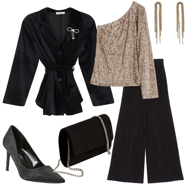 Outfit donna - Serata evento. Stile Chic per Serata fuori. Abbinamento con décolleté, orecchini, camicie, top, pantaloni a palazzo, pochette.