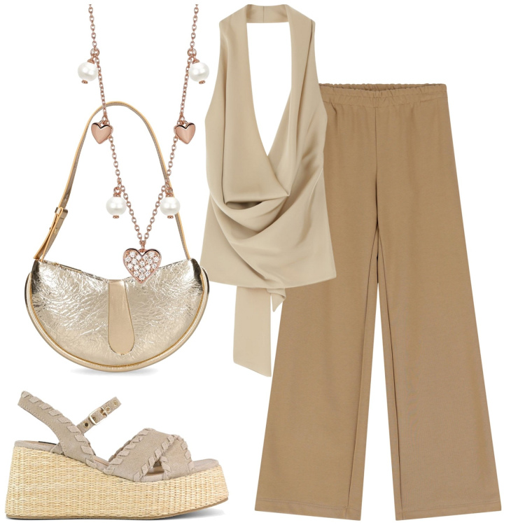 Outfit donna - City. Stile Casual chic per Tutti i giorni. Abbinamento con collane, pantaloni, top, zeppe, borse a spalla.