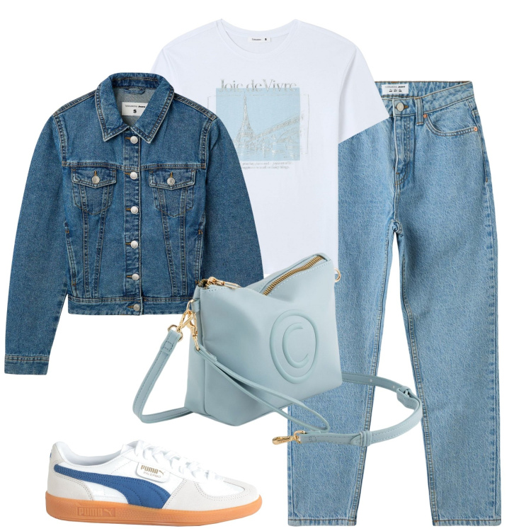 Outfit donna - City. Stile Casual per Tutti i giorni. Abbinamento con sneakers, jeans mom, t-shirt, blazer, valigie.