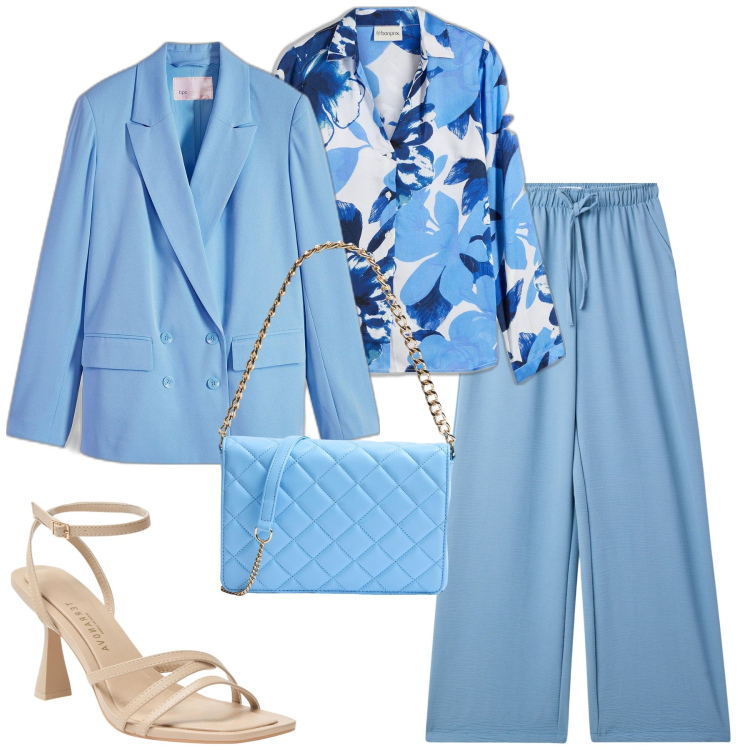 Outfit donna - City. Stile Urban per Tutti i giorni. Abbinamento con camicie, blazer, pantaloni, sandali col tacco, borse a tracolla.