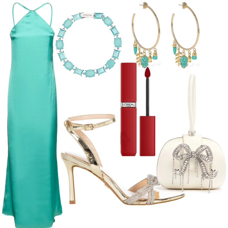 Outfit donna - Il matrimonio della migliore amica. Stile Chic per Cerimonia. Abbinamento con rossetti, braccialetti, sandali col tacco, vestiti, pochette, orecchini.