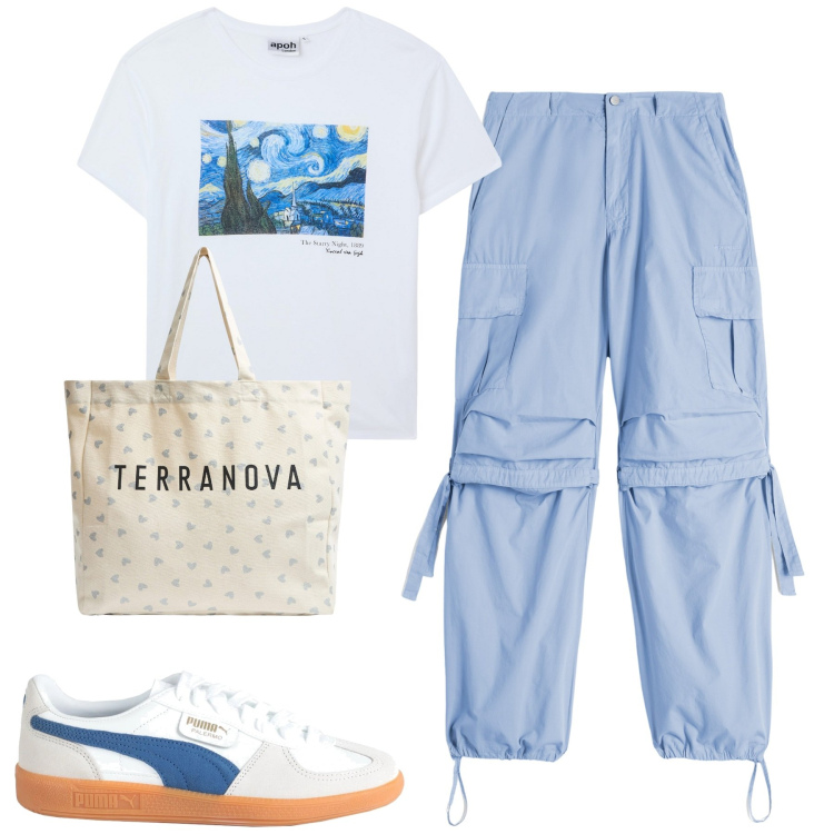 Outfit donna - City. Stile Casual per Tutti i giorni. Abbinamento con sneakers, pantaloni cargo, t-shirt, shopping bag.