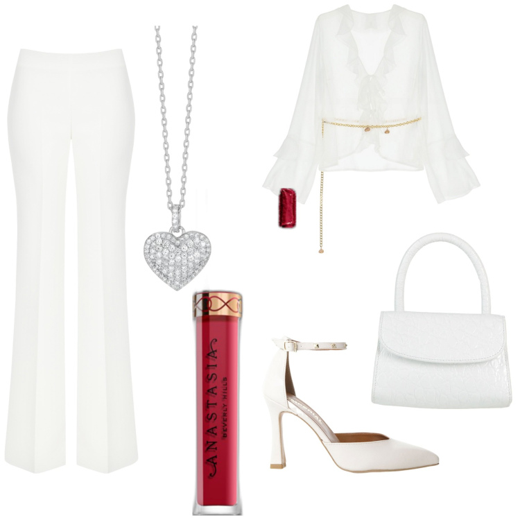 Outfit donna - Una serata a Temptation Island. Stile Bon Ton per Serata fuori. Abbinamento con borse a mano, rossetti, collane, pantaloni a palazzo, bluse, décolleté.