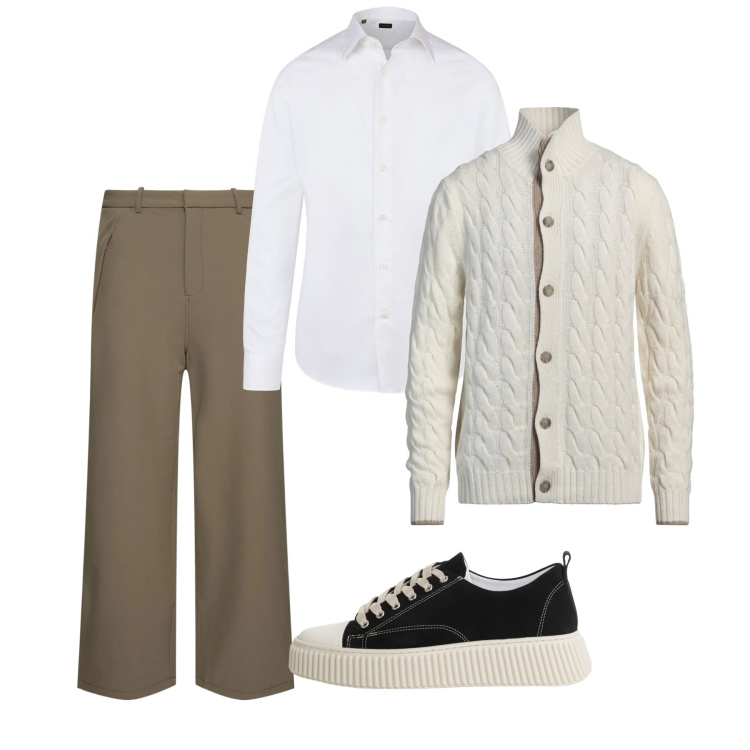 Outfit uomo - Il cardigan inglese. Stile Casual per Tutti i giorni. Abbinamento con cardigans, sneakers, camicie, pantaloni.