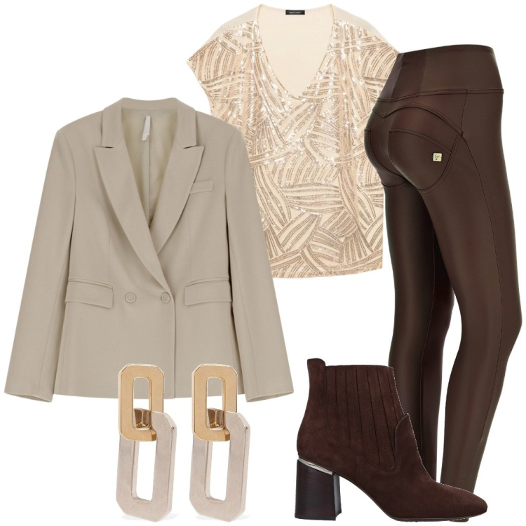 Outfit donna - Total look #2088701. Stile Chic per Serata fuori. Abbinamento con stivaletti, blazer, pantaloni skinny, t-shirt, orecchini.