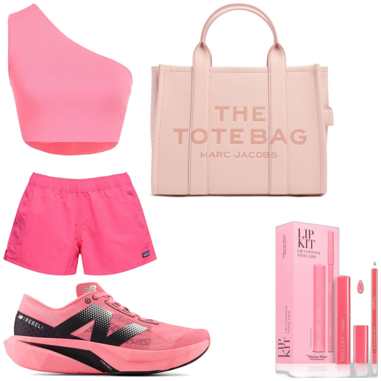 Outfit donna - In palestra. Stile Basic per Sport. Abbinamento con top, rossetti, sneakers, shopping bag, shorts.