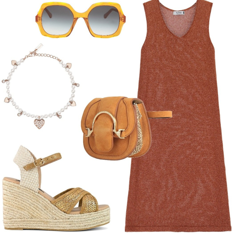 Outfit donna - Total look #2088706. Stile Casual chic per Tutti i giorni. Abbinamento con marsupi, occhiali da sole, braccialetti, vestiti midi/longuette, zeppe.