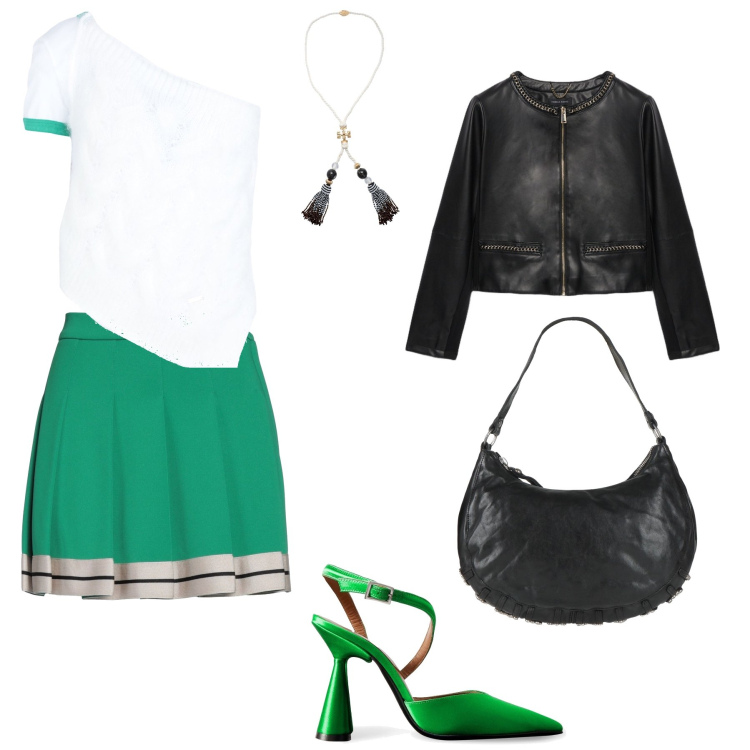 Outfit donna - Vado in discoteca. Stile Minimal per Serata fuori. Abbinamento con top, minigonne, décolleté, borse a spalla, collane, blazer.