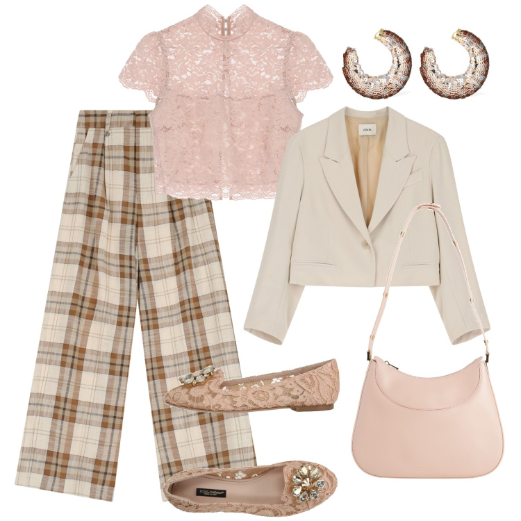 Outfit donna - Dettagli pizzo in ufficio. Stile Bon Ton per Ufficio. Abbinamento con mocassini, borse a spalla, top, blazer, pantaloni, orecchini.