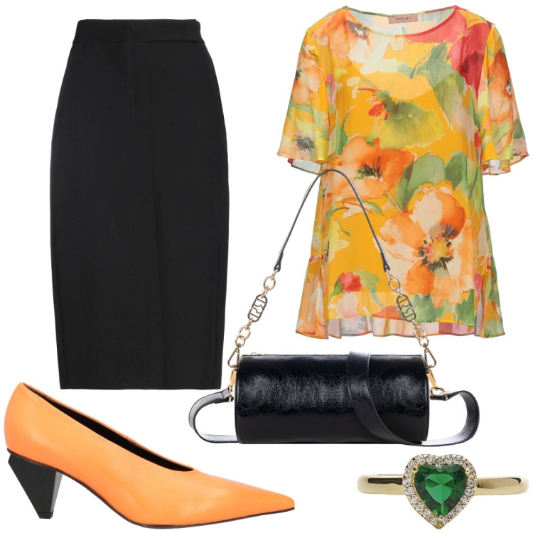 Outfit donna - Serata speciale. Stile Chic per Serata fuori. Abbinamento con décolleté, gonne longuette, top, anelli, borse a mano.