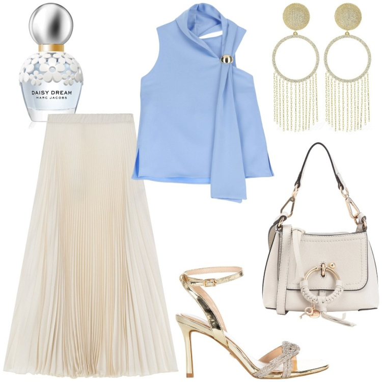 Outfit donna - Cerimonia elegante. Stile Glamour per Cerimonia. Abbinamento con borse a tracolla, profumi, sandali col tacco, gonne lunghe, top, orecchini.