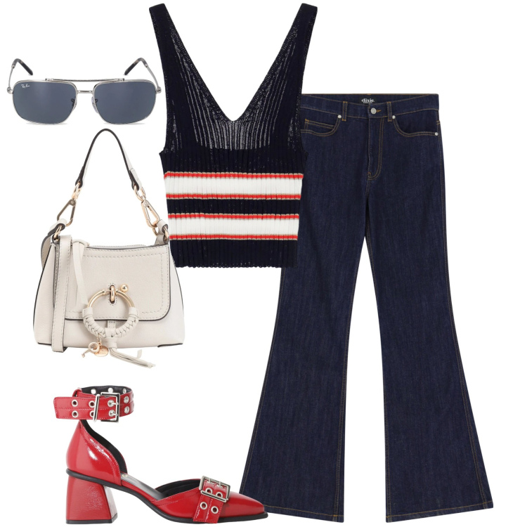 Outfit donna - City. Stile Urban per Tutti i giorni. Abbinamento con borse a tracolla, top, jeans a zampa, décolleté, occhiali da sole.