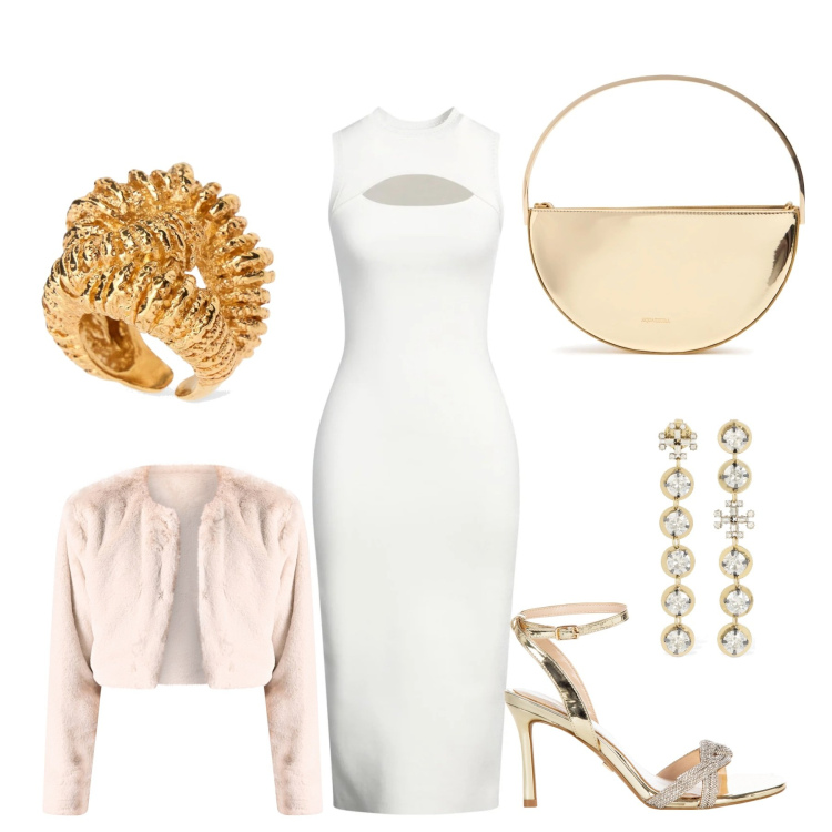 Outfit donna - Eleganza. Stile Romantica per Serata fuori. Abbinamento con vestiti midi/longuette, bolero, sandali col tacco, anelli, orecchini, pochette.