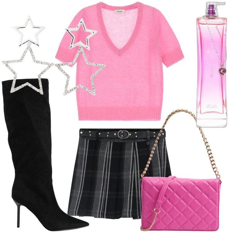 Outfit donna - Total look #2088731. Stile Romantica per Serata fuori. Abbinamento con stivali, profumi, orecchini, borse a tracolla, minigonne, maglieria.