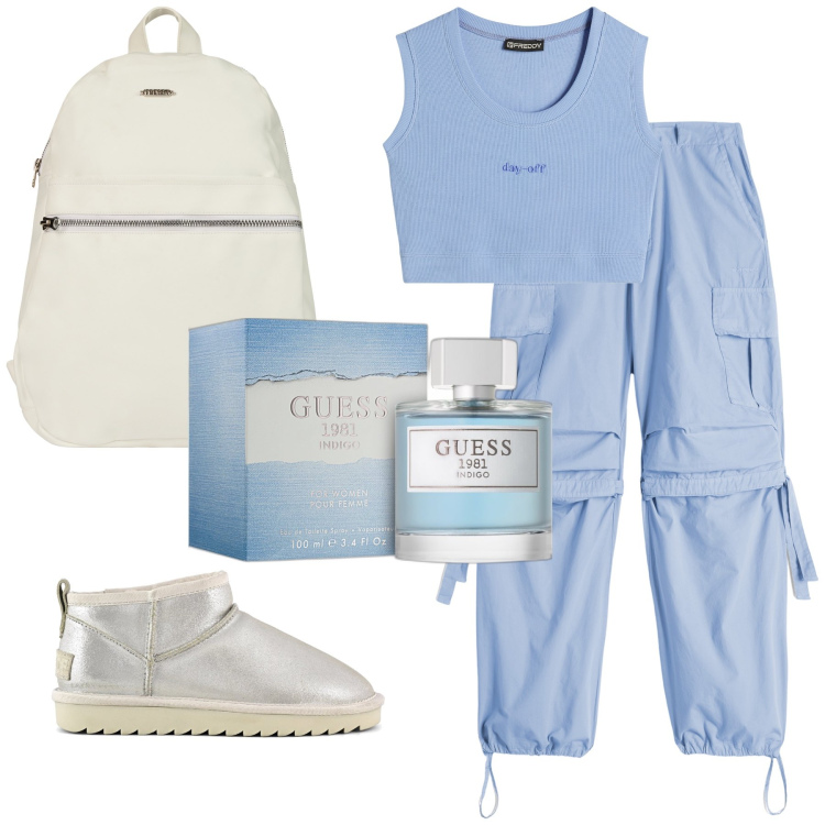Outfit donna - Sportivo e profumo Guess. Stile Sporty chic per Sport. Abbinamento con profumi, top, zaini, pantaloni cargo, stivali.